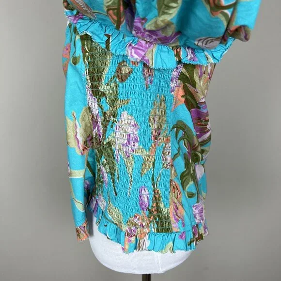 Anthropologie Love The‎ Label Top Womens XL Blue Floral Puff Sleeve Asymmetrical - Picture 10 of 14